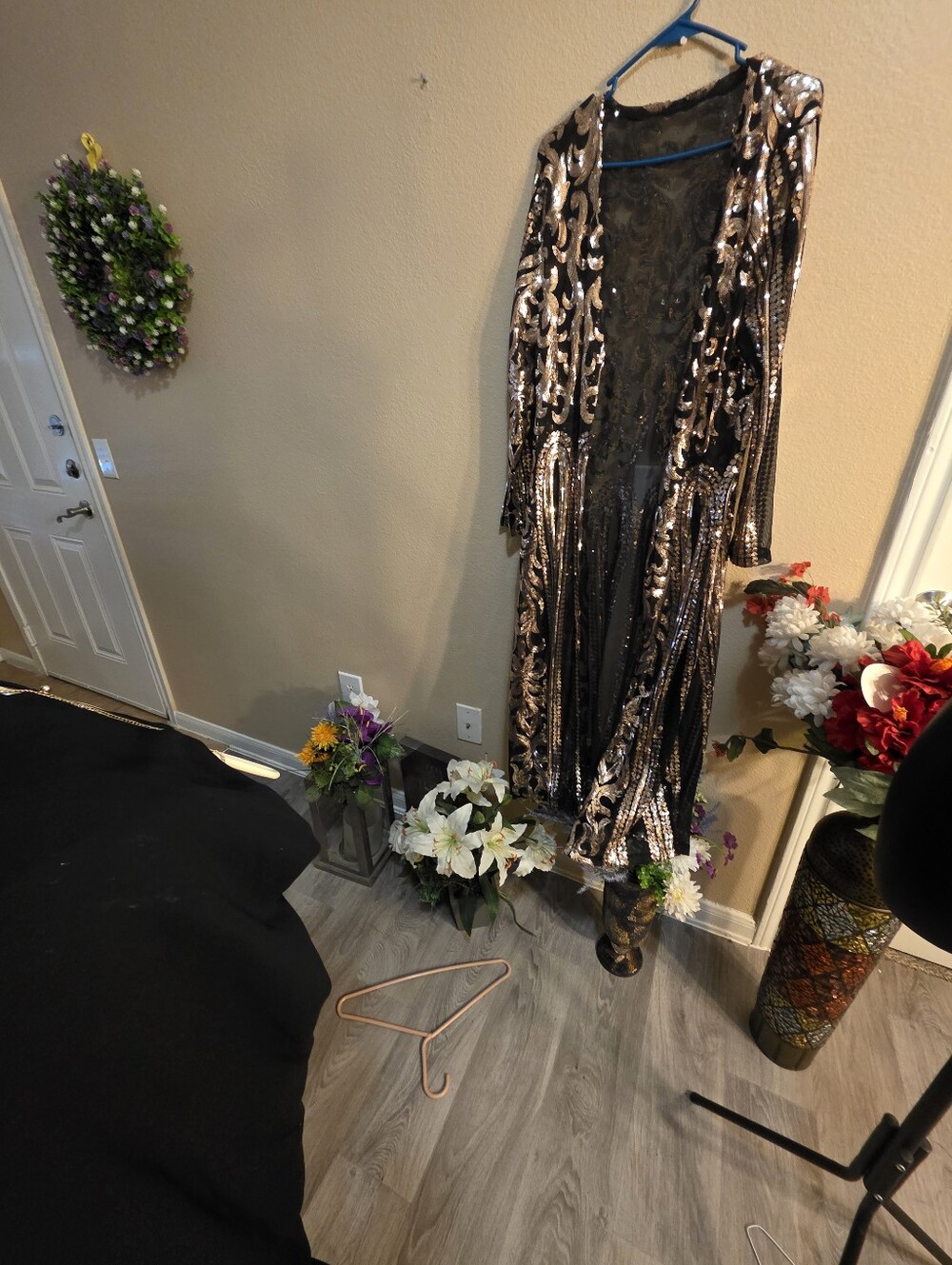 Sequined Open-Front Long Jacket - Black & Rose Gold